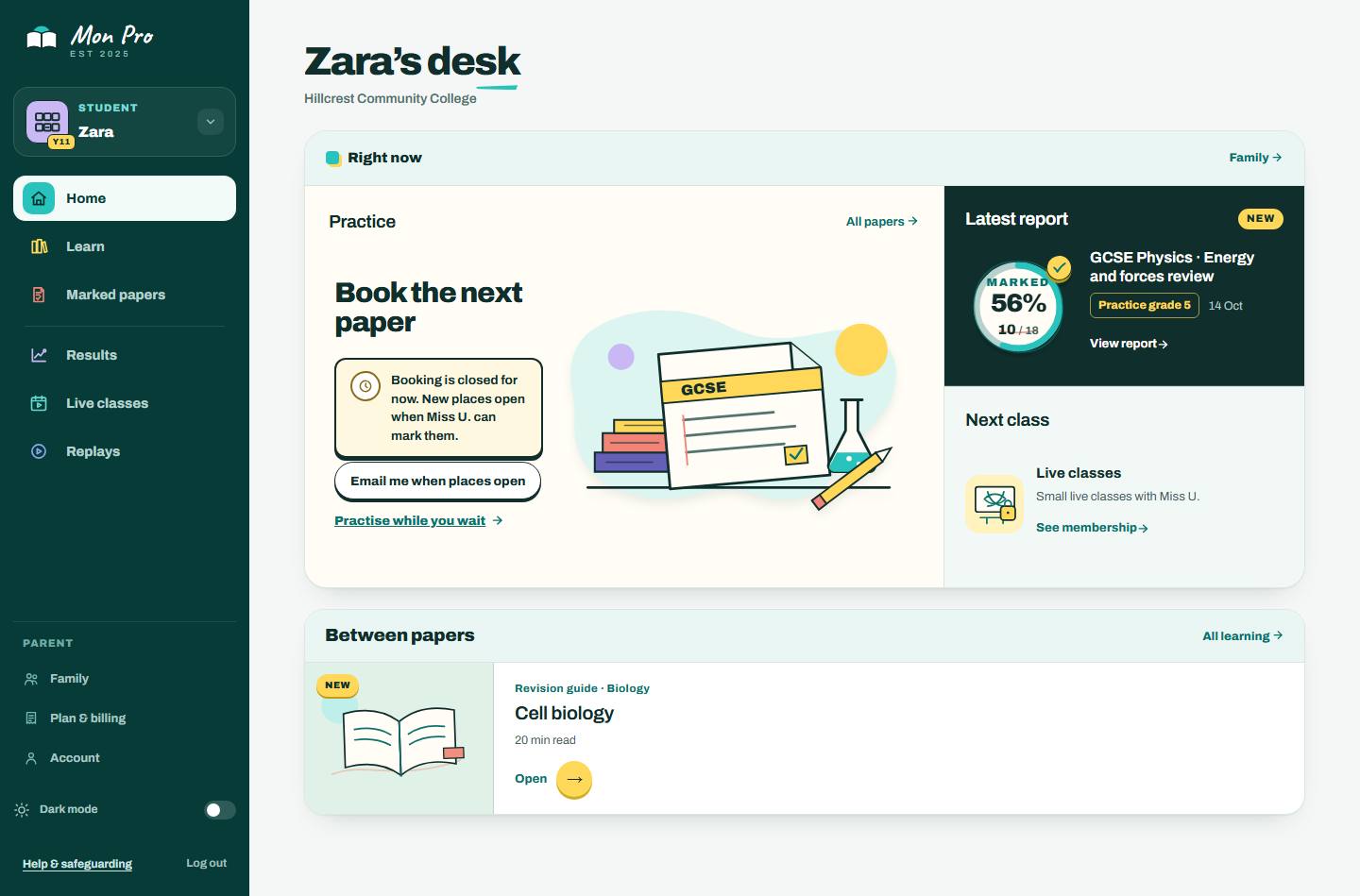 A parent's MonPro home page