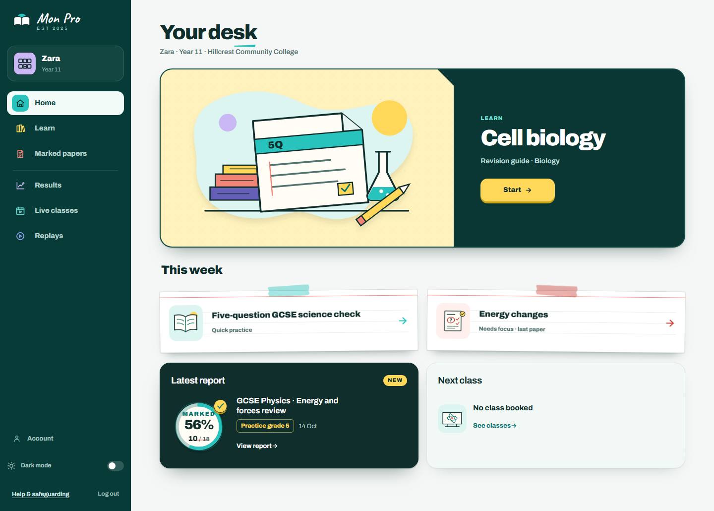 A pupil's MonPro home page with their next revision guide and latest report