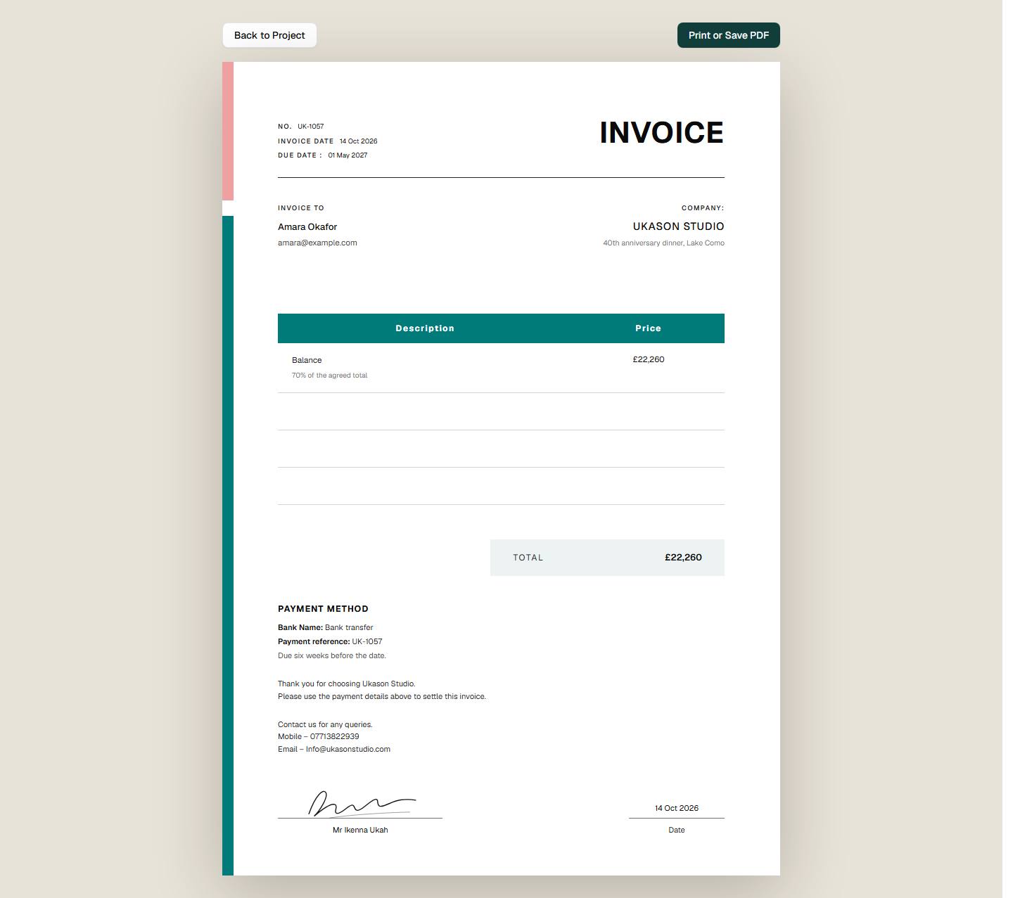 A client invoice