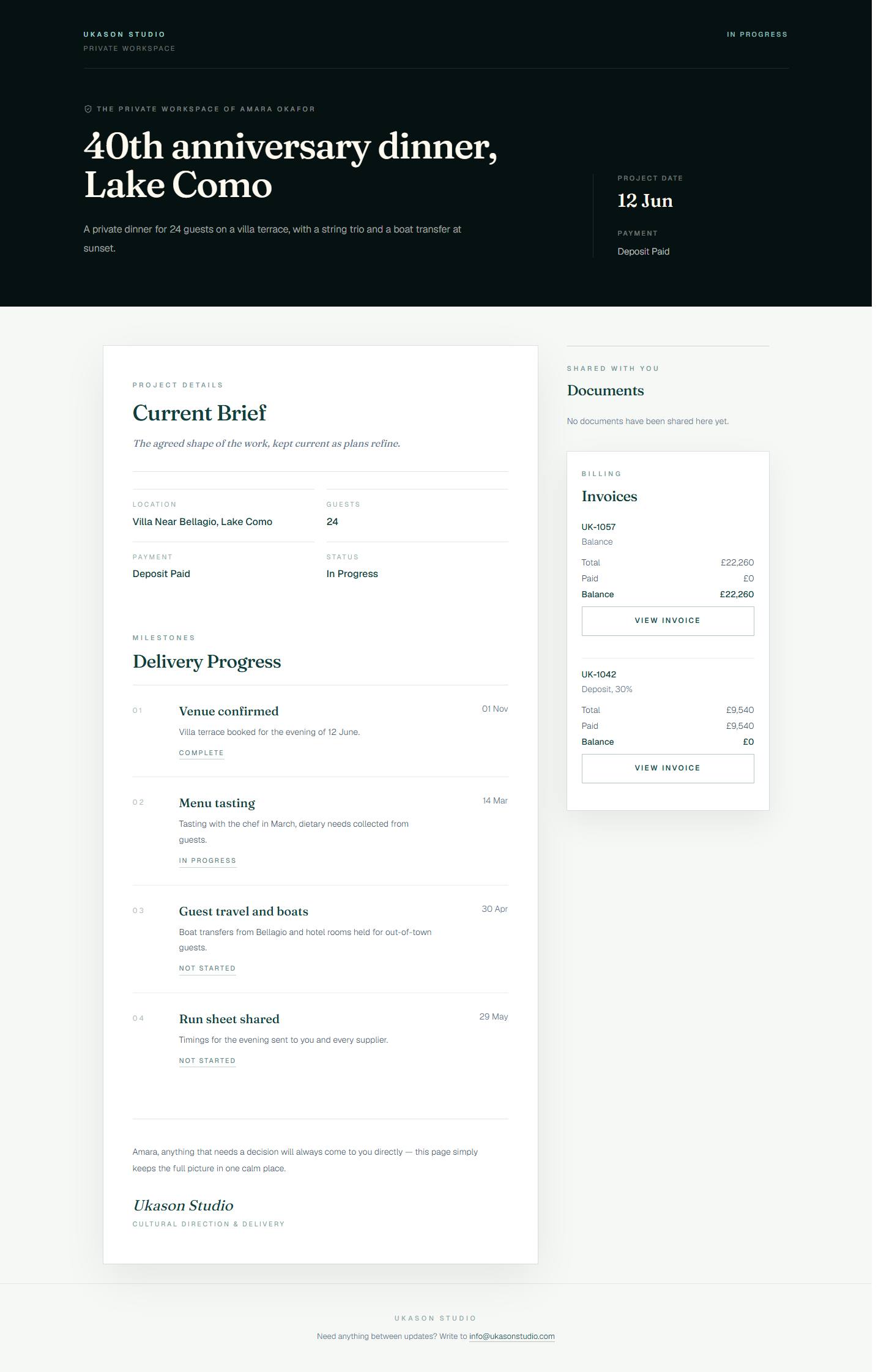 A client project page with progress and documents