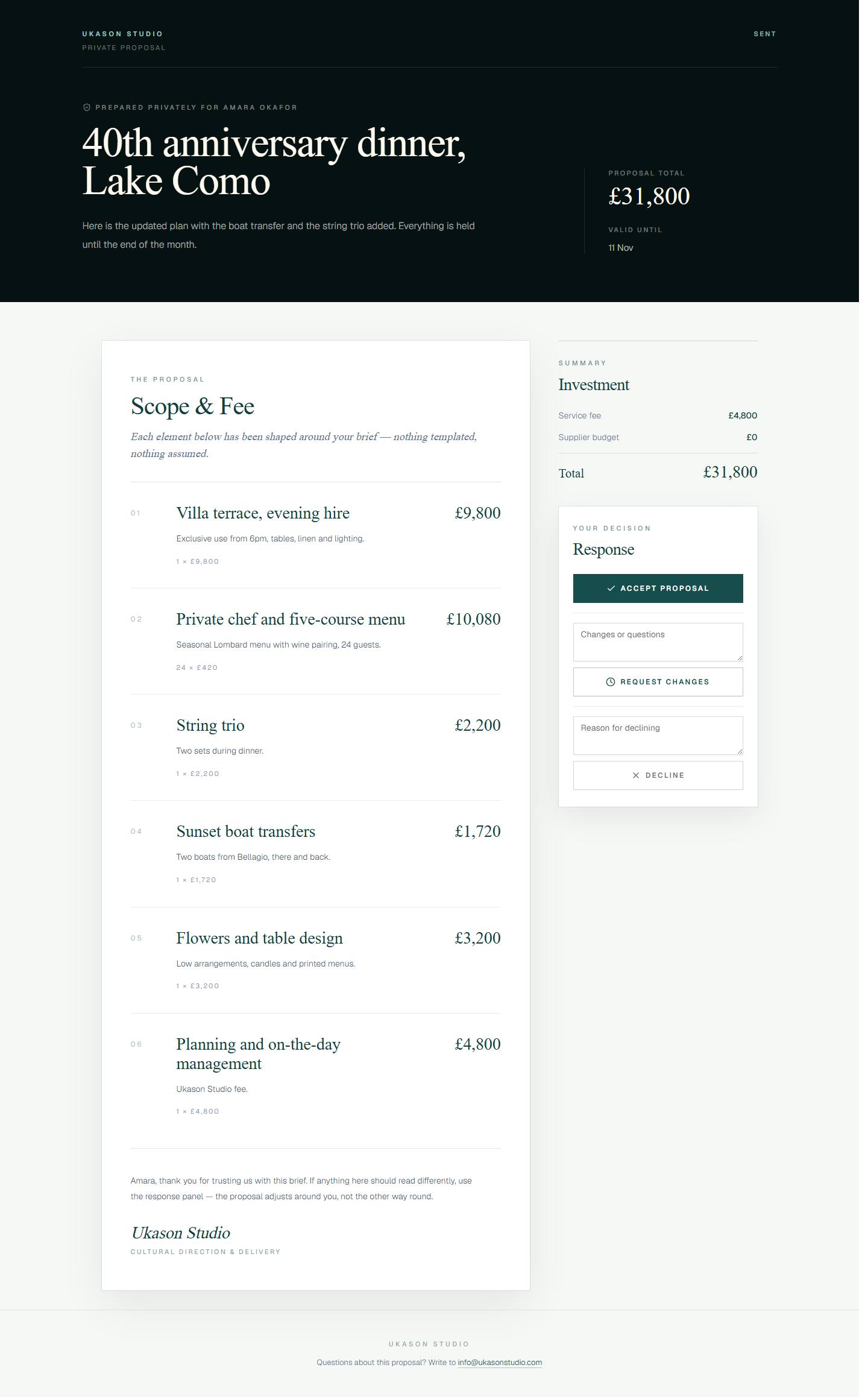 A client proposal with each part of the event priced