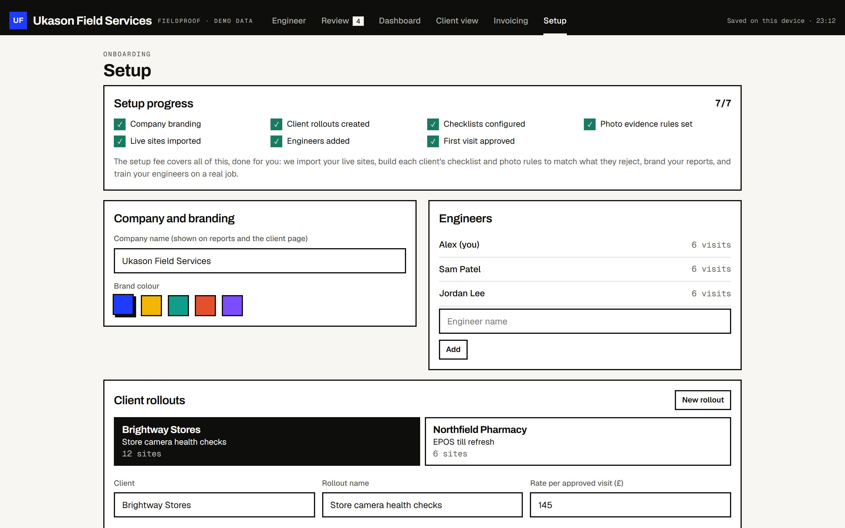 Setup screen for company details, client checklists and site import