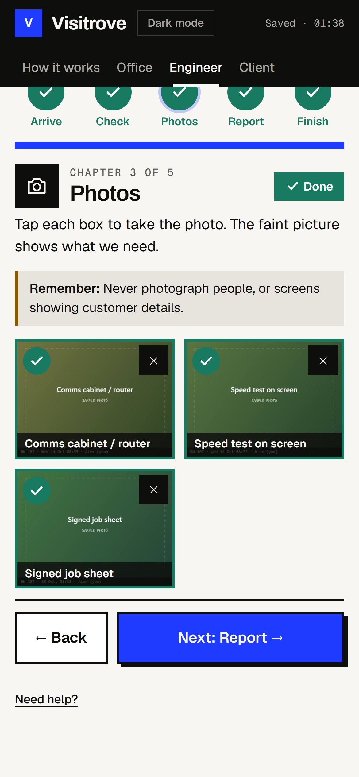 Required photos, each stamped with site, time and engineer