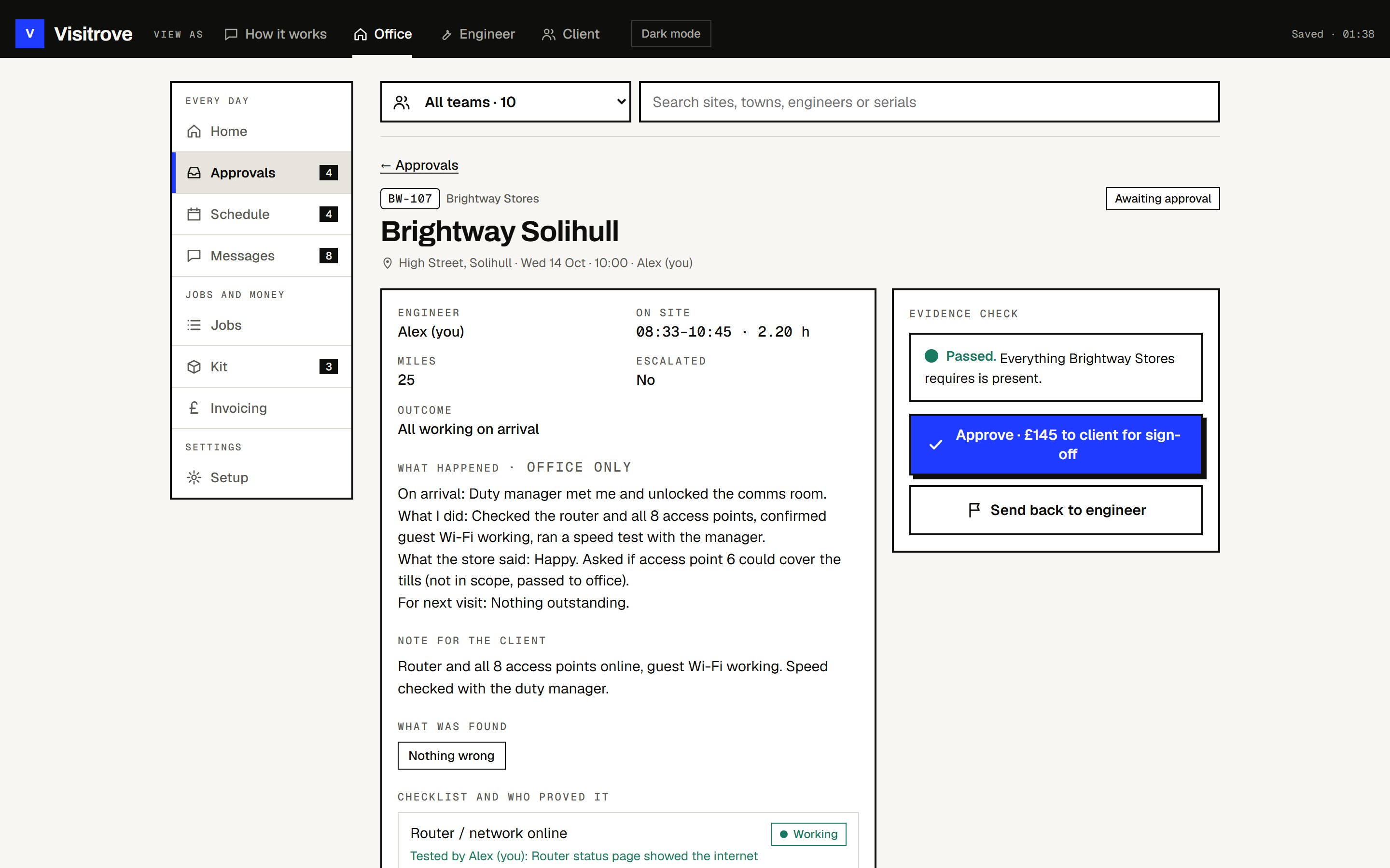Office review with the Approve, adds £145 to invoice button