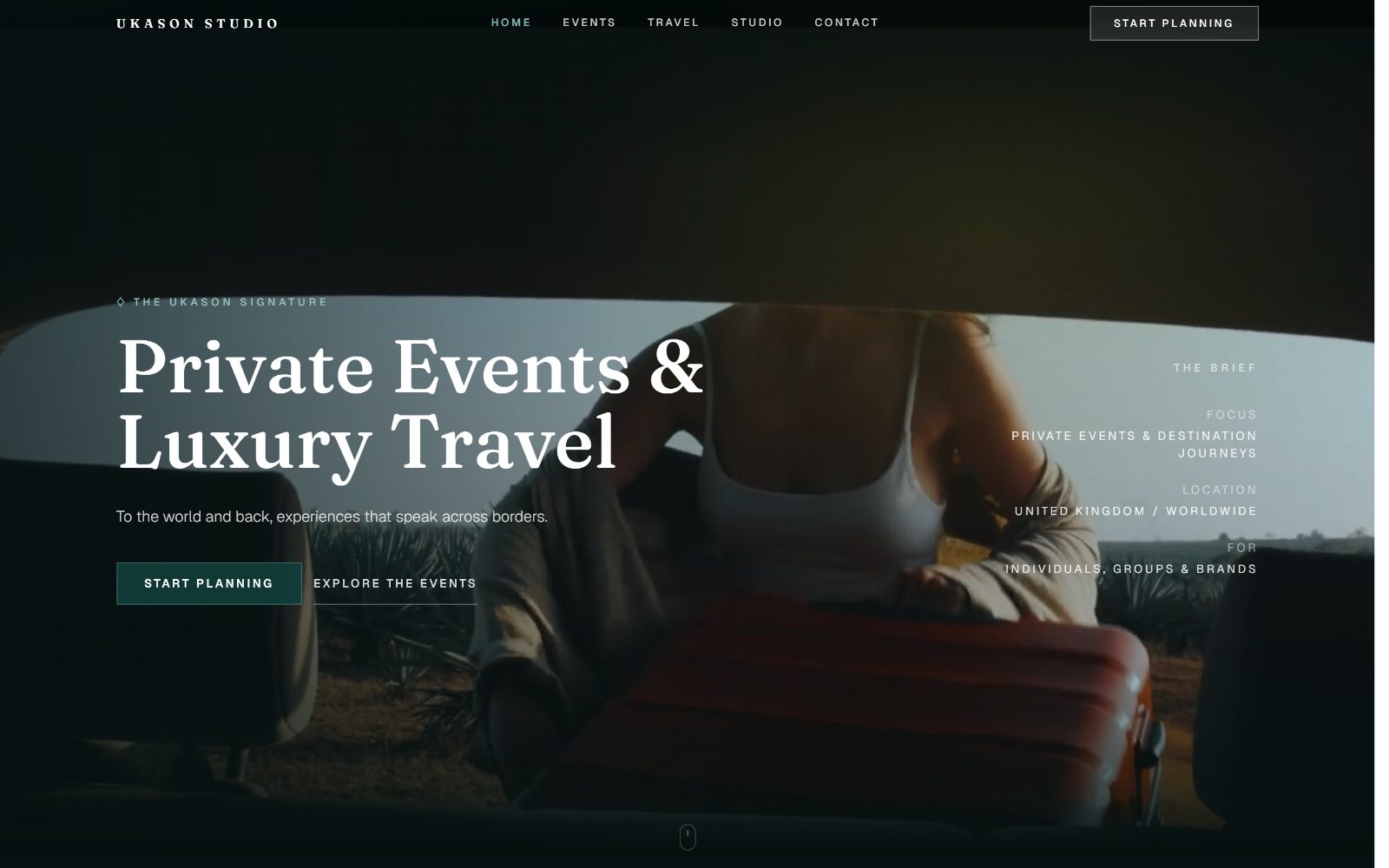 Ukason Studio home page with a film still behind the headline